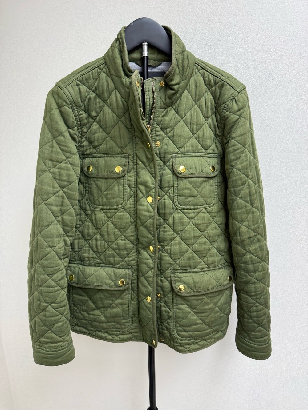 J. Crew Olive Quilted Puffer Jacket with Gold-Tone Snaps